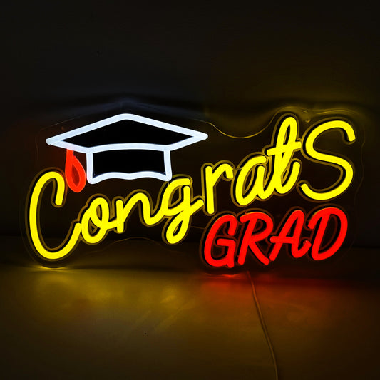 Fatmoon Congrats Grad Neon Sign with Cap Dimmable LED Light Up Sign Neon Light Background Wall Art Decoration Class of 2025 Celebrations Graduation Party Gifts USB Powered (Clear&UV Backboard)