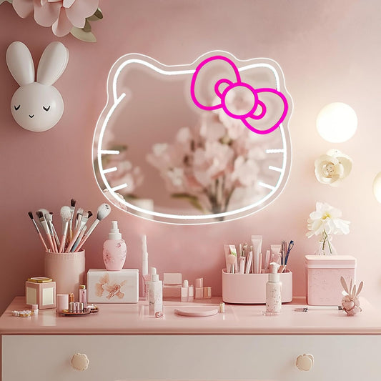 FATMOON Anime Hello Kit Mirror Vanity Neon Sign, Cute Cat with Lights Stuff Room Decor, Dimmable Makeup Mirror for Teen Girl Gift Bedroom Room Decor 15.53 x 13.19 inch